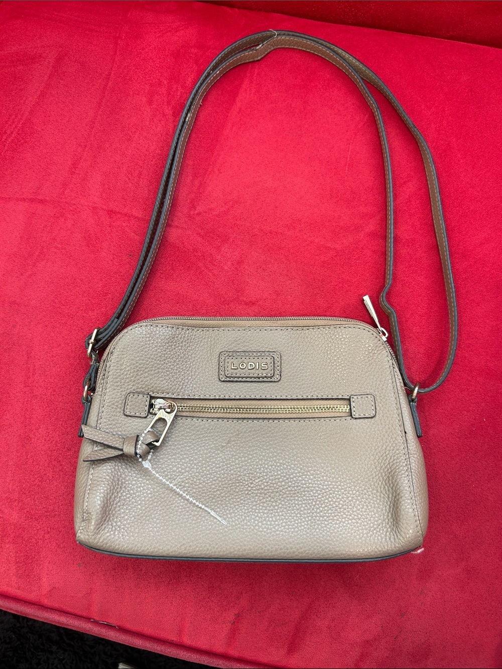 Lodis Taupe Pebbled Leather Crossbody Purse